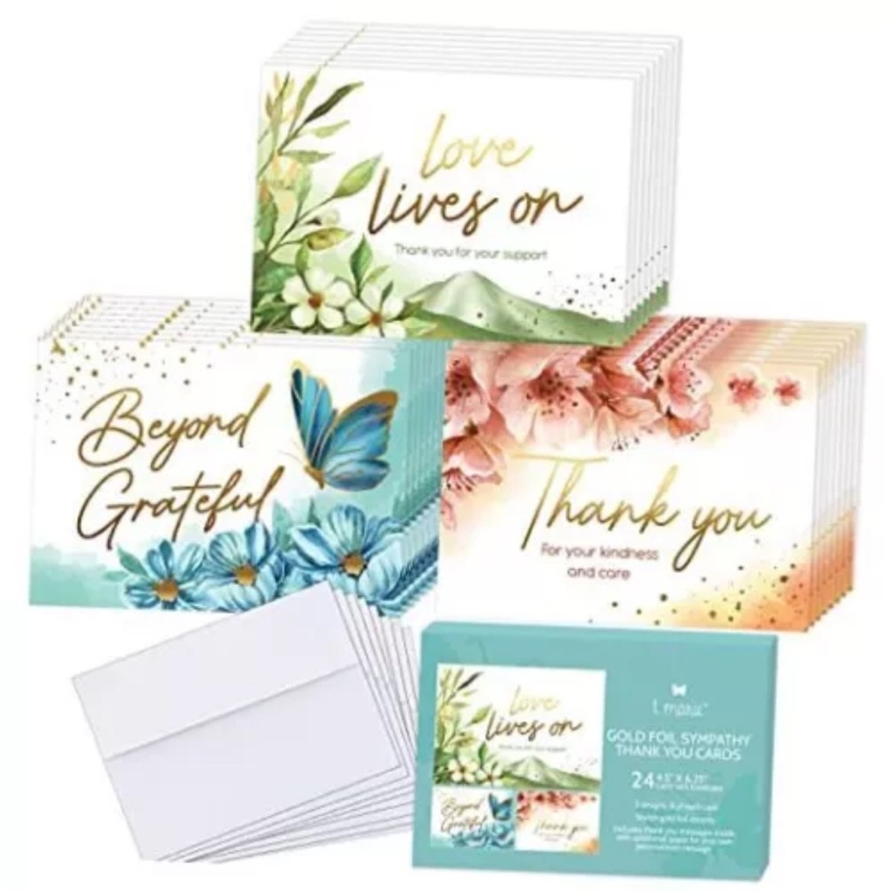 NEW 24 Gold Foil Sympathy Thank You Cards. 4.5” x 6.25” 3 Designs,8 of each card